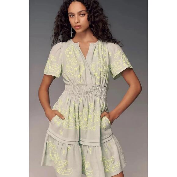 Anthropologie Somerset Dress Sz L Linen Embroidery Bohemian Boho Whimsical Fairy - Picture 1 of 12